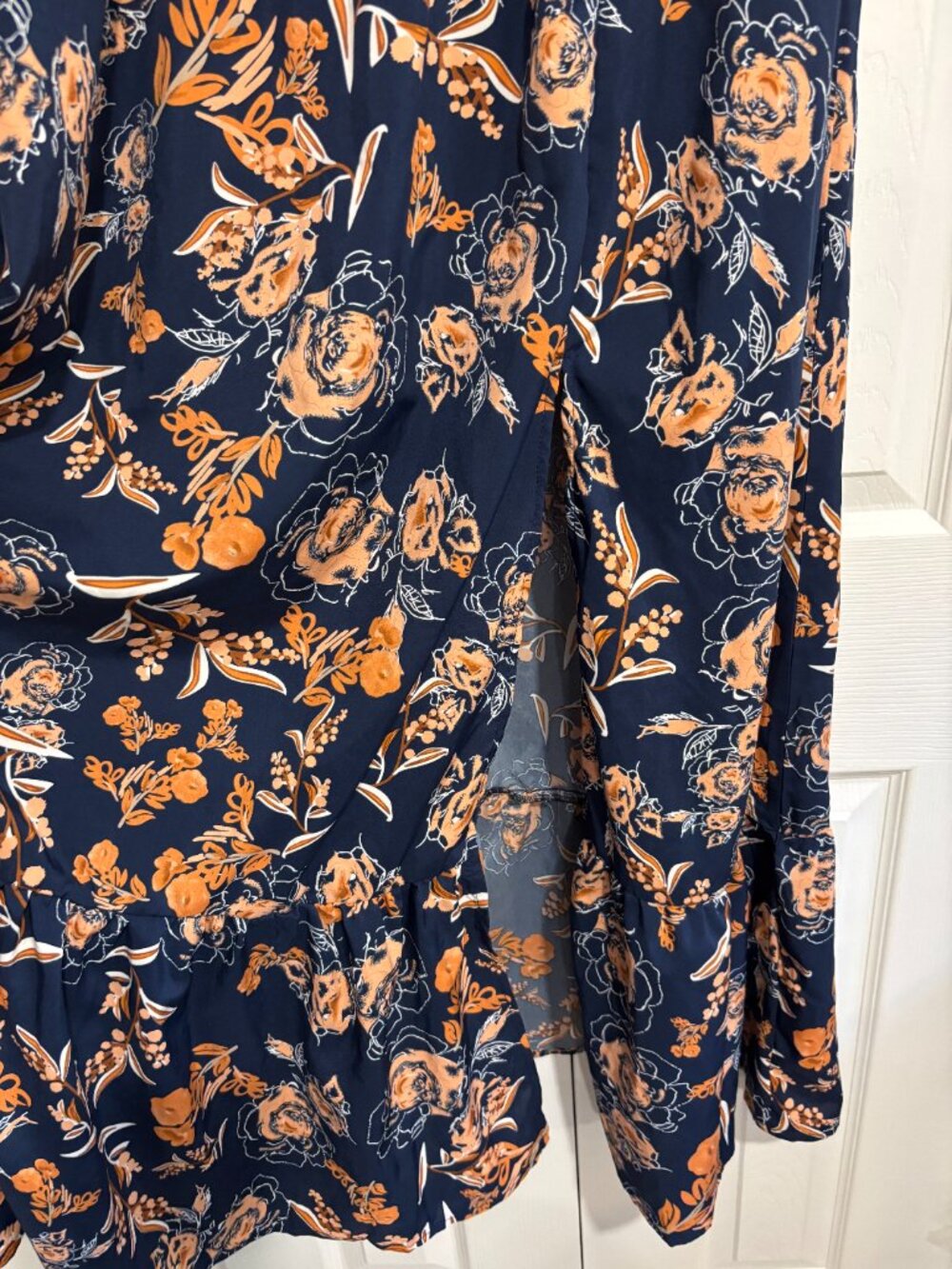 Shein Curve Maxi Dress Floral Split Thigh Ruffle Hem Navy Blue & Orange 1XL - Picture 3 of 9
